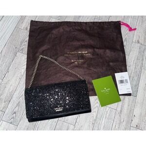 NWT Kate Spade Laurel Way Black Glitter Chain Wallet Clutch w/ Detachable Strap